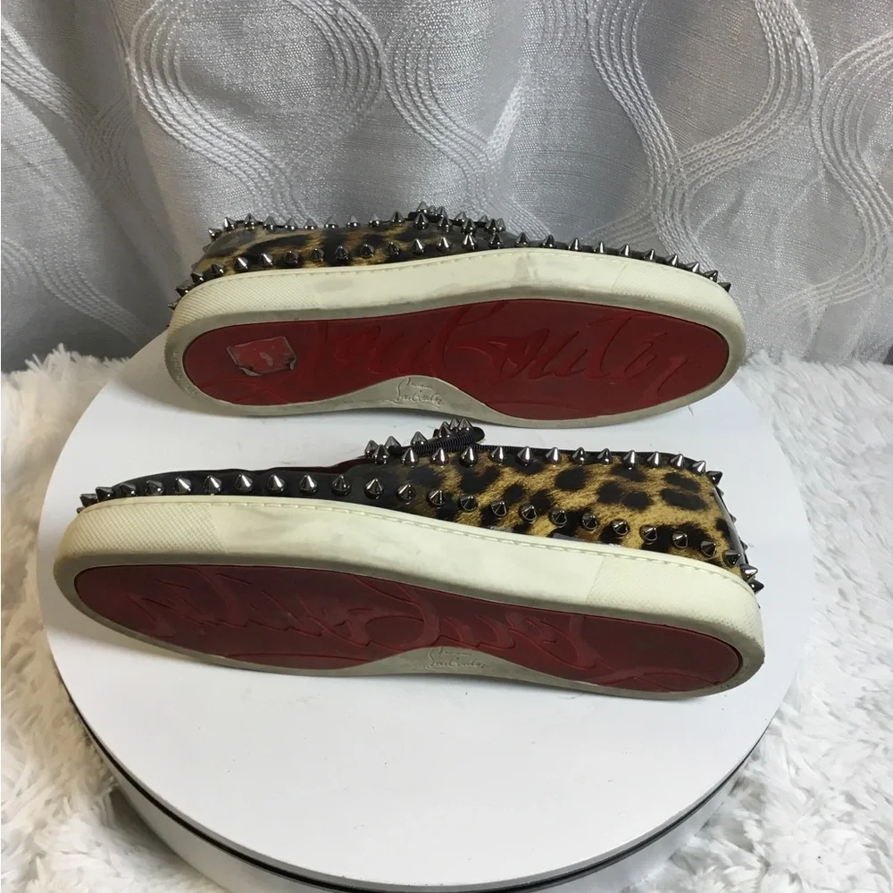 Christian Louboutin Black Patent & Leopard Spike Trim Slip-On Sneakers
